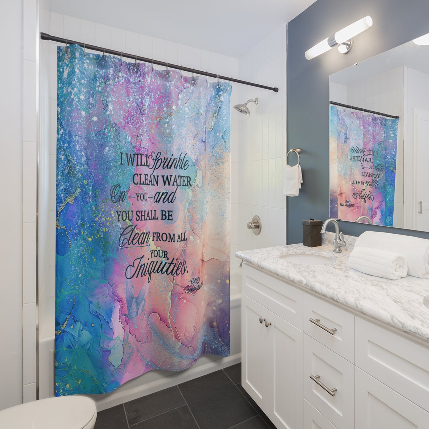 Cleansing Waters Shower Curtain - Ezekiel 36:25 'I Will Sprinkle Clean Water' Faith Bathroom Decor