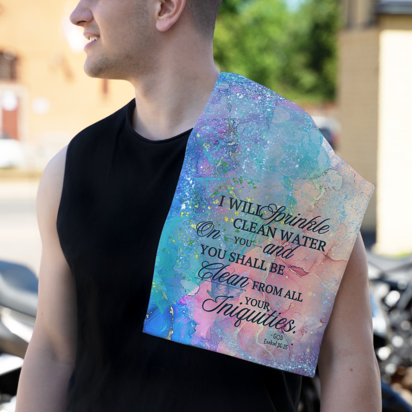 Vibrant Multi Watercolor Rally Towel - Ezekiel 36:25 'I Will Sprinkle Clean Water' Faith-Inspired Gym & Travel Towel