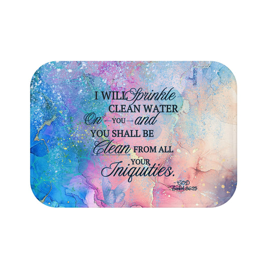 Vibrant Multi Watercolor Bath Mat - Ezekiel 36:25 'I Will Sprinkle Clean Water' Faith-Inspired Memory Foam Bathroom Decor