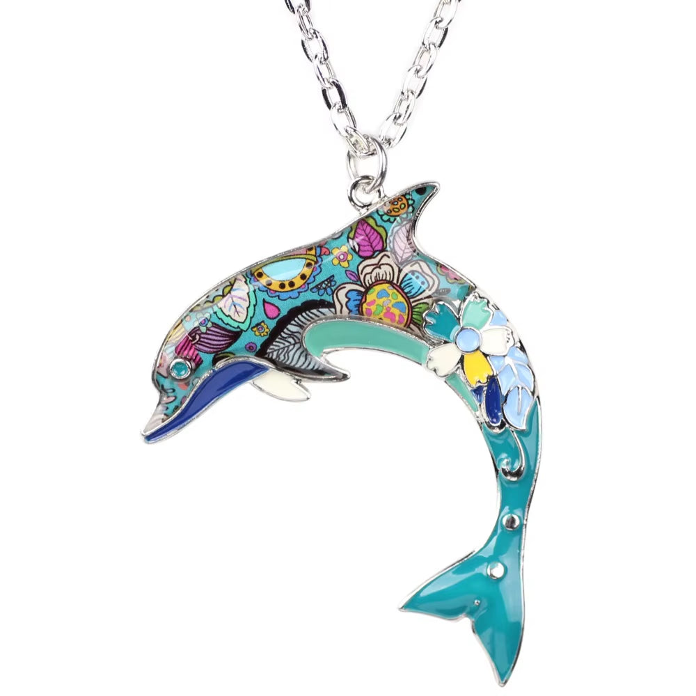 OCEAN Collection Maxi Statement Metal Alloy Choker Dolphin Necklace Chain Collar Pendant Fashion New Enamel Jewelry Women