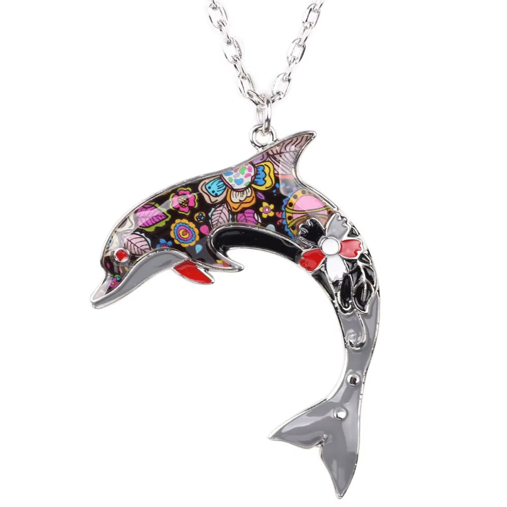 OCEAN Collection Maxi Statement Metal Alloy Choker Dolphin Necklace Chain Collar Pendant Fashion New Enamel Jewelry Women