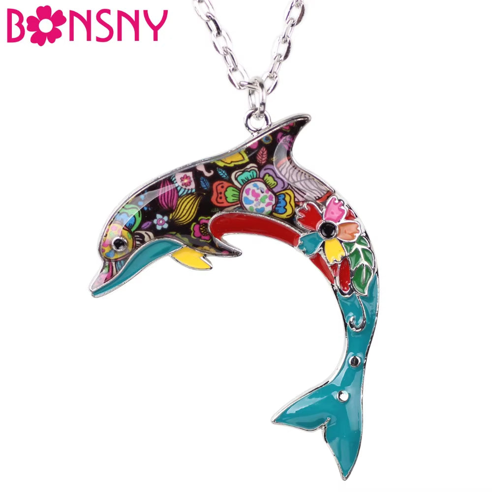 OCEAN Collection Maxi Statement Metal Alloy Choker Dolphin Necklace Chain Collar Pendant Fashion New Enamel Jewelry Women